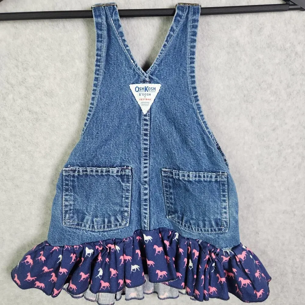 VTG Oshkosh Bib Overalls Jumper Dress Vestbak Toddler 18mo Horses Country Cotton